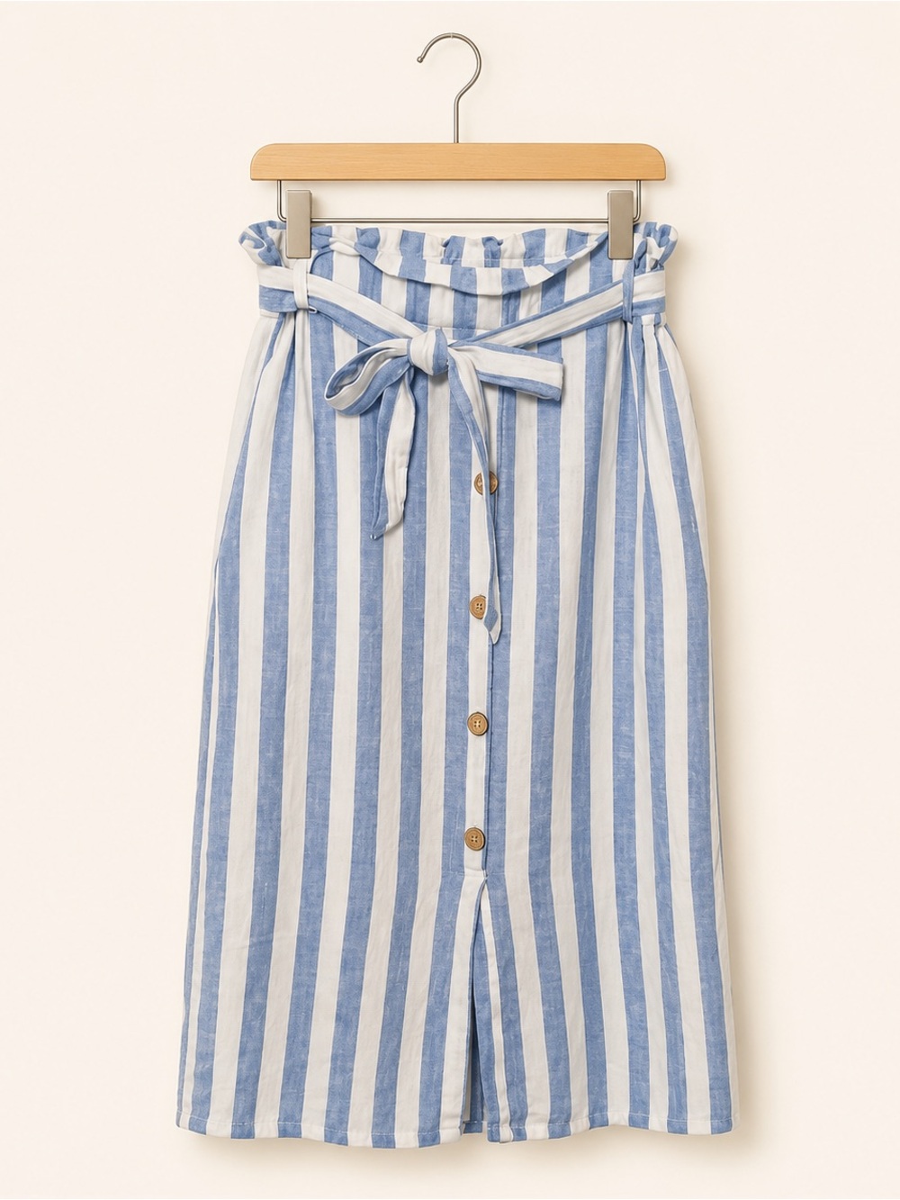 Love Tree Blue and White Striped Maxi Skirt with Front Buttons